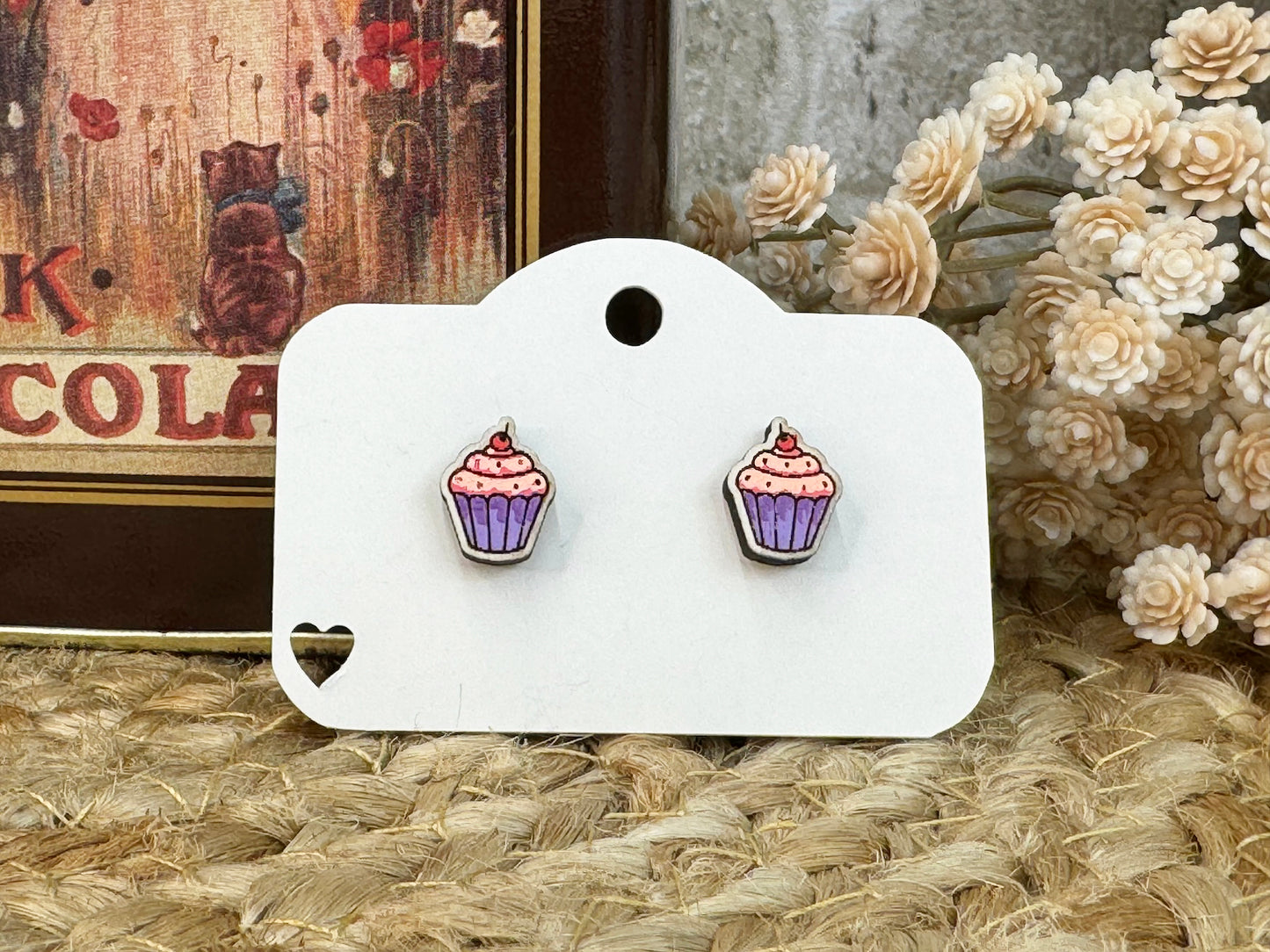 Cupcake Wooden Stud Earrings