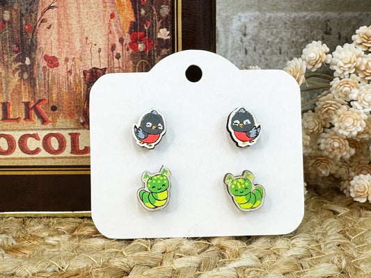 Robin & Caterpillar Set Stud Wooden Earrings