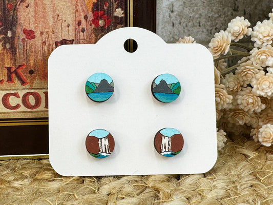 Mini-Landscape Stud Wooden Earrings Set