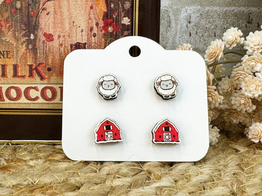 Farm Set Stud Wooden Earrings