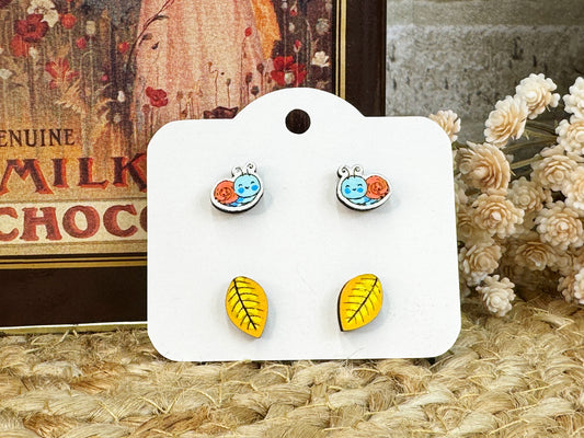 Snail & Leaf Stud Wooden Earrings