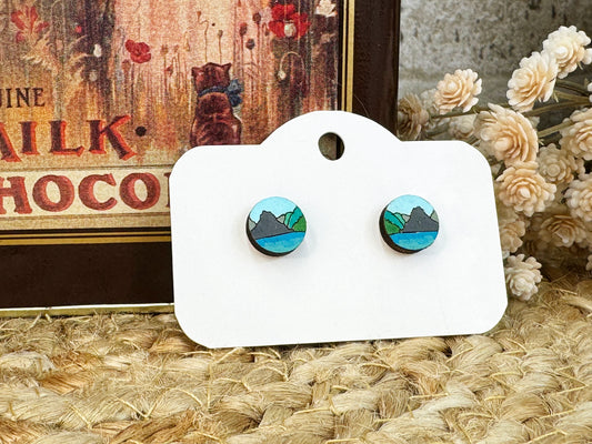 Mini-Landscape Lake Stud Wooden Earrings