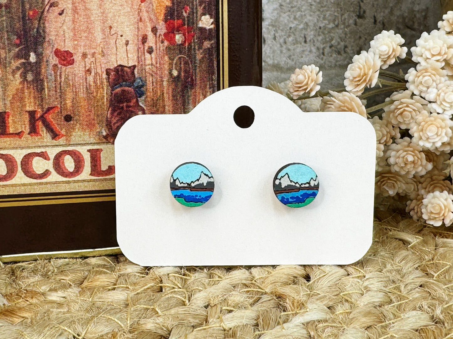 Mini-Landscape Snowy Mountains Stud Wooden Earrings