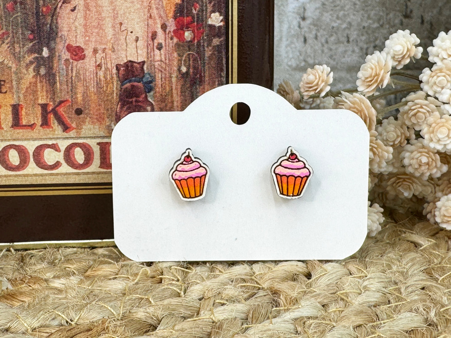 Cupcake Wooden Stud Earrings