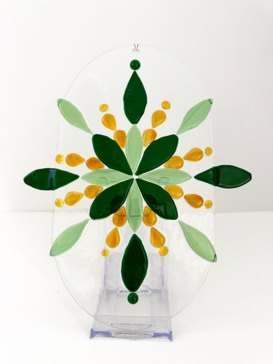 Large Abstract Botanical Suncatcher in Citrus, Evergreen, and Amber