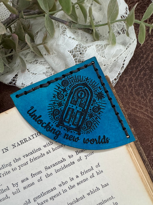 Unlocking New Worlds Leather Bookmark - Magical Door