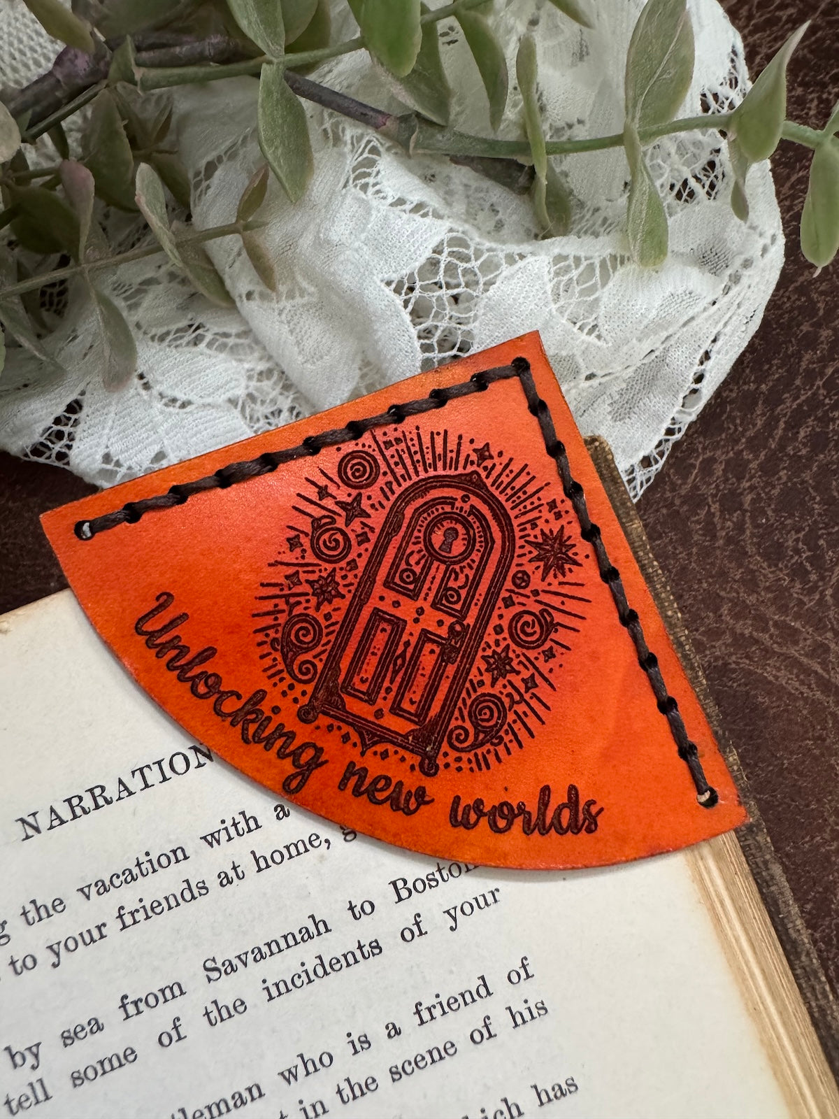 Unlocking New Worlds Leather Bookmark - Magical Door