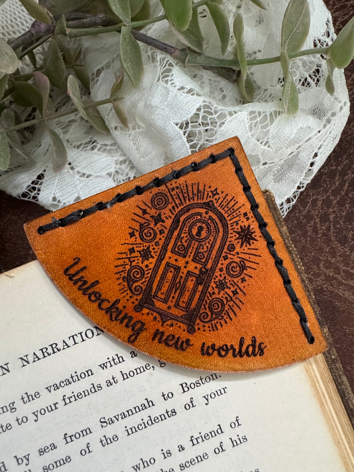 Unlocking New Worlds Leather Bookmark - Magical Door