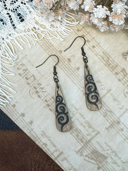 Narrow Teardrop Tribal Tattoo Wooden Earrings