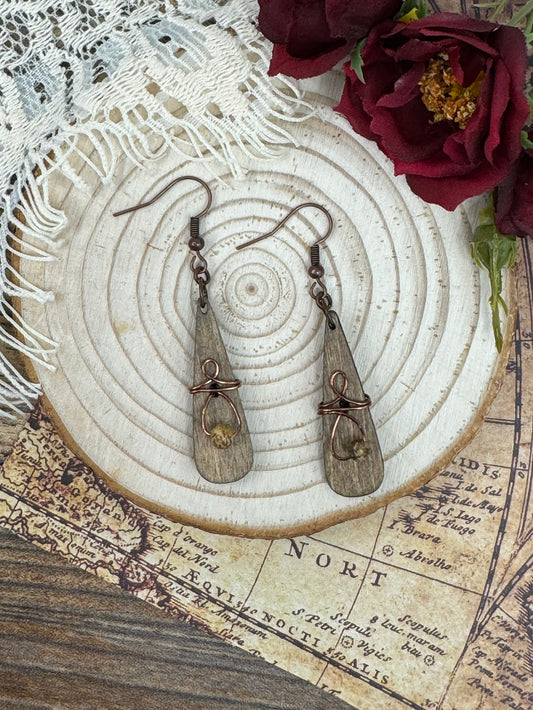 Narrow Teardrop Wire Wrap Wooden Earrings