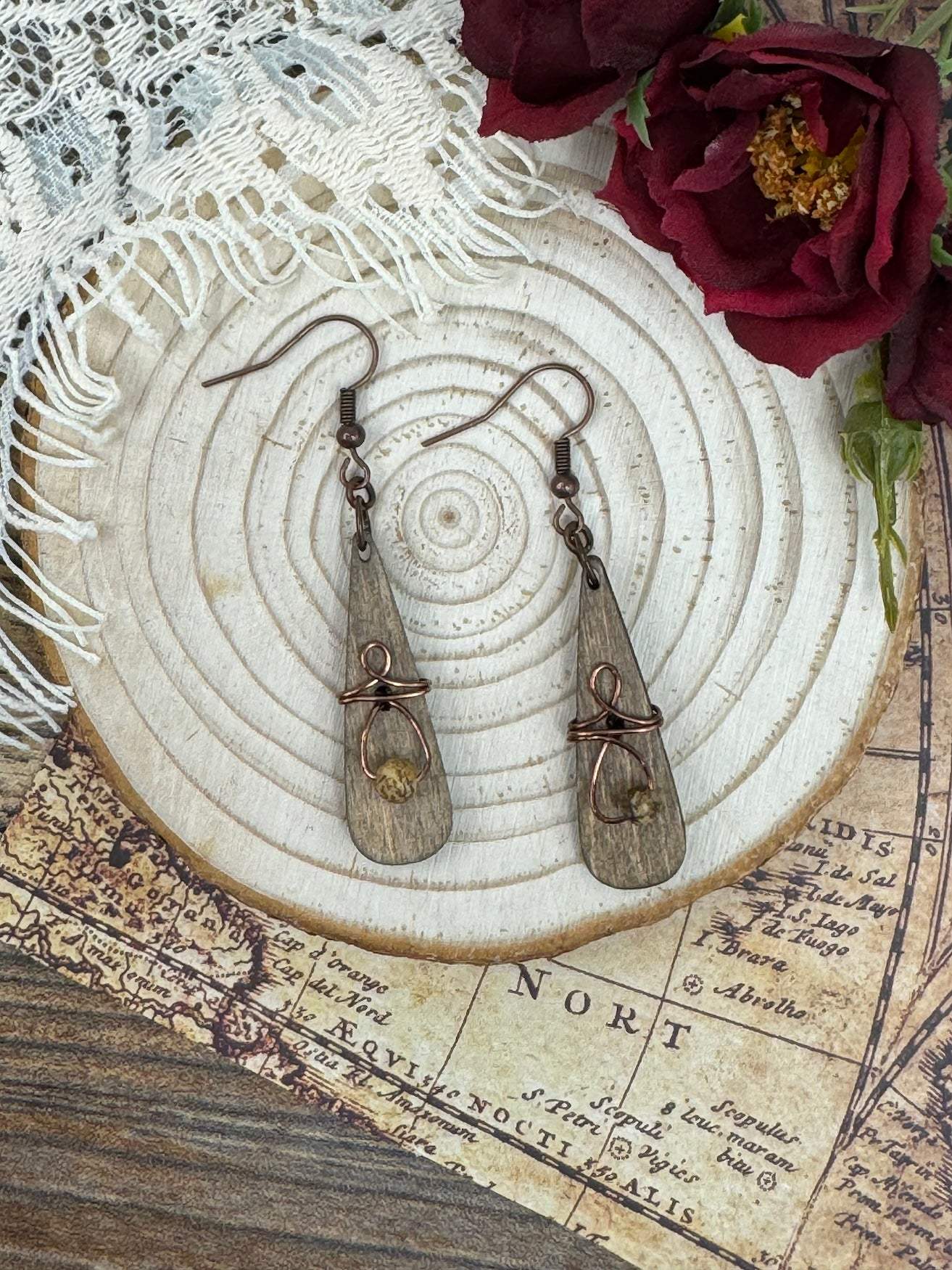 Narrow Teardrop Wire Wrap Wooden Earrings