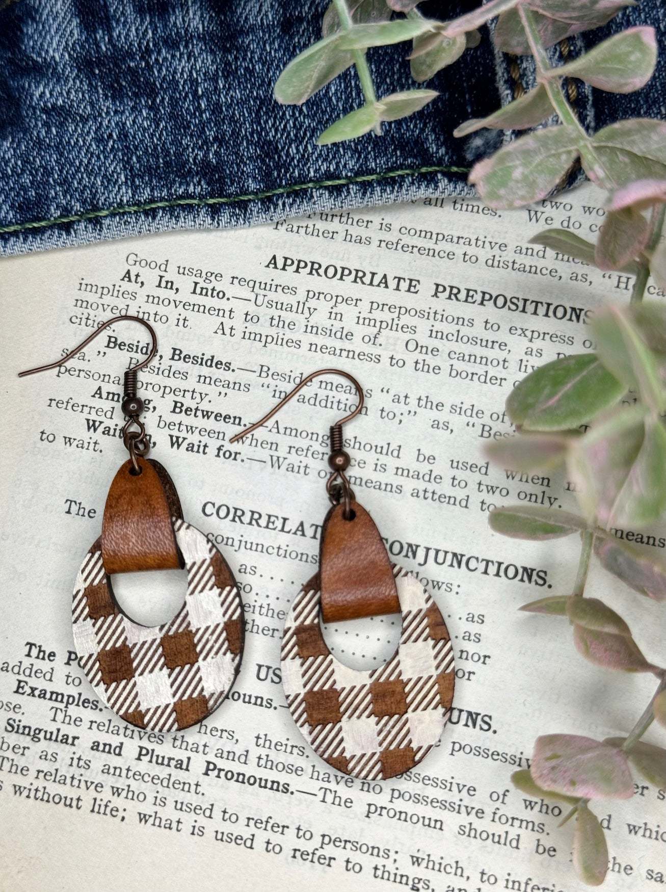 Oval Buffalo Plaid Dangle Earring with Leather