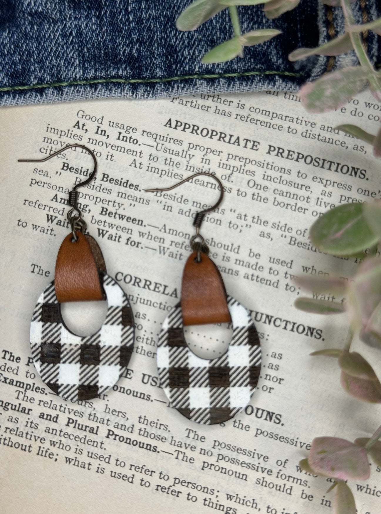 Oval Buffalo Plaid Dangle Earring with Leather