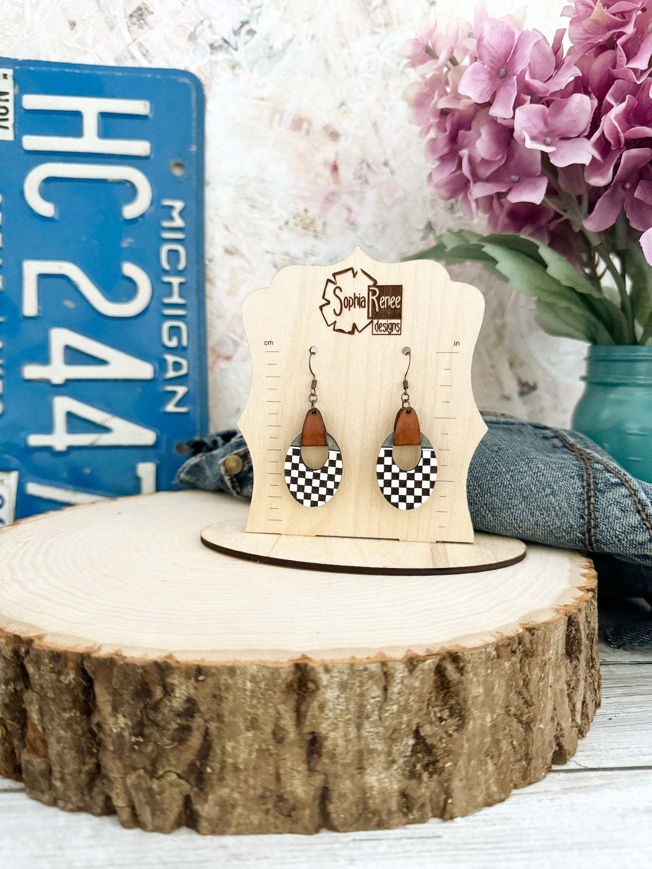 Oval Checkerboard Dangle Earrings with Leather