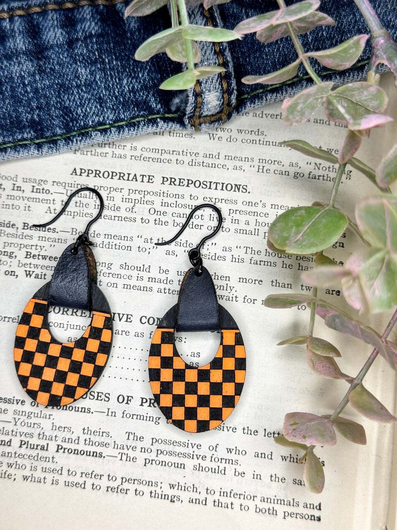 Oval Checkerboard Dangle Earrings with Leather