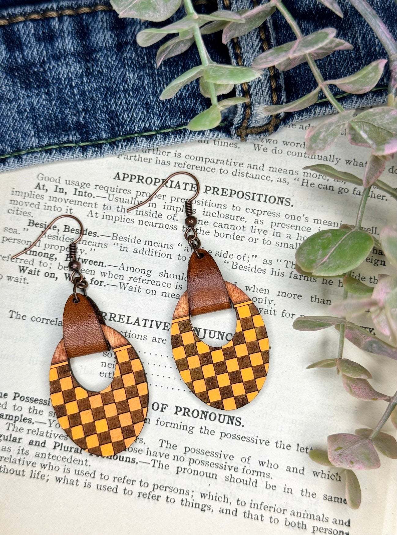 Oval Checkerboard Dangle Earrings with Leather