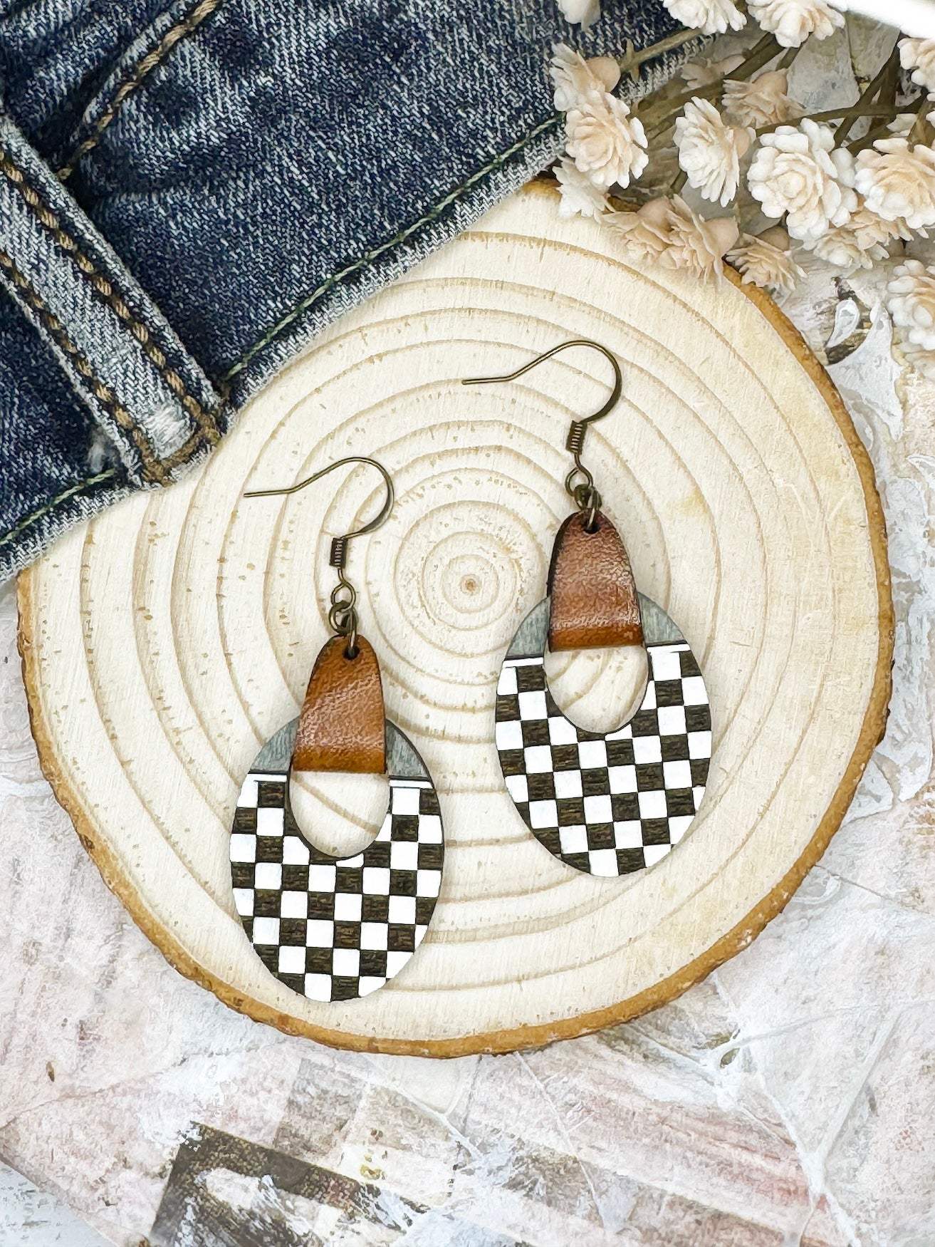 Oval Checkerboard Dangle Earrings with Leather