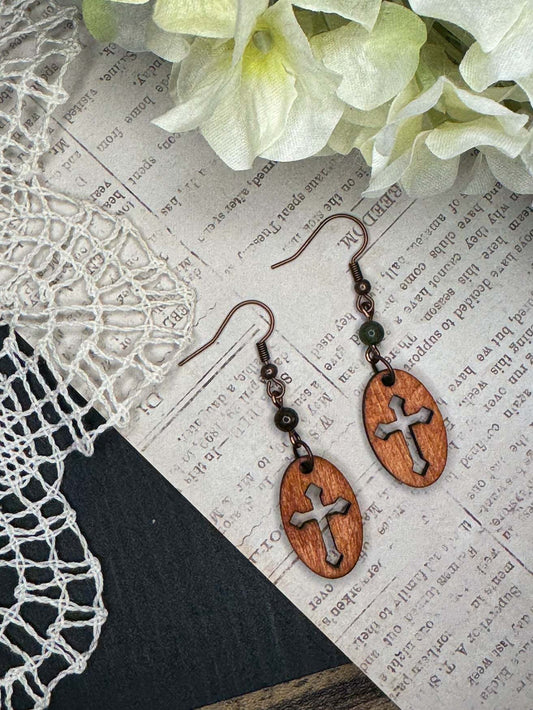 Wooden Earrings | Oval Cross Wooden Earrings | Sophia Renee Designs