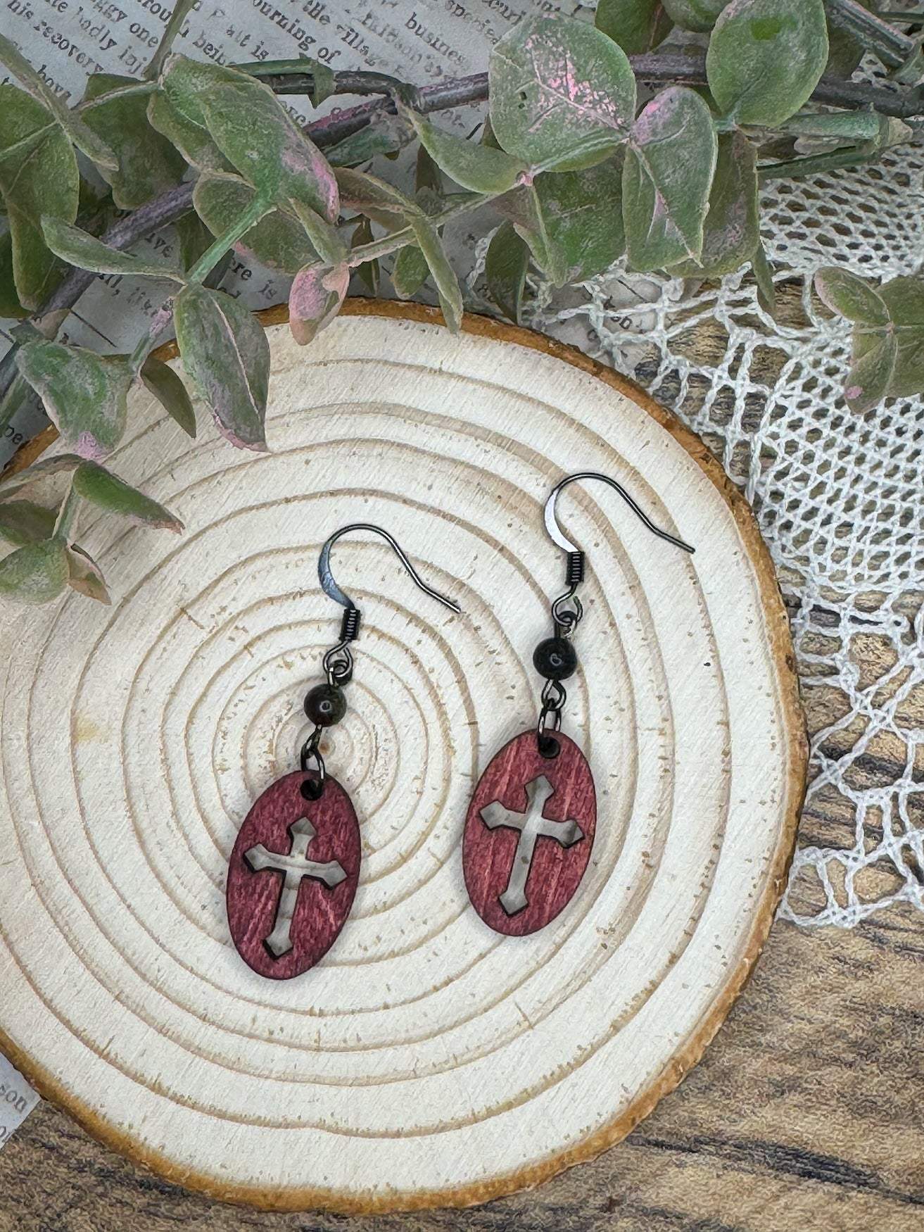 Wooden Earrings | Oval Cross Wooden Earrings | Sophia Renee Designs