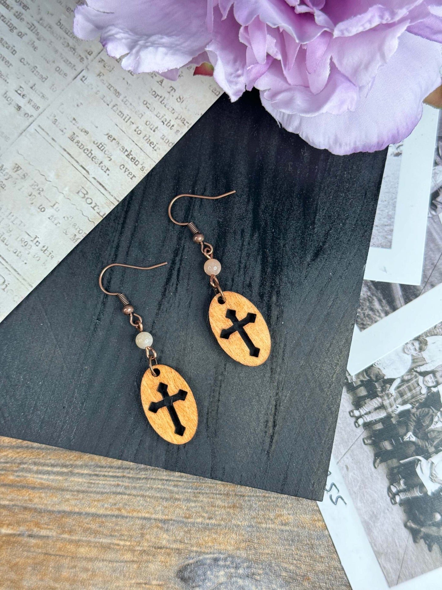 Wooden Earrings | Oval Cross Wooden Earrings | Sophia Renee Designs