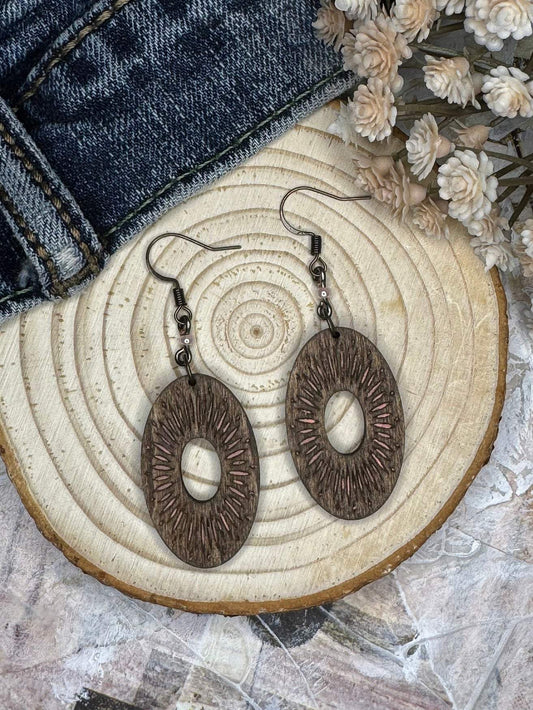 Oval Ellipse Starburst Wooden Earrings