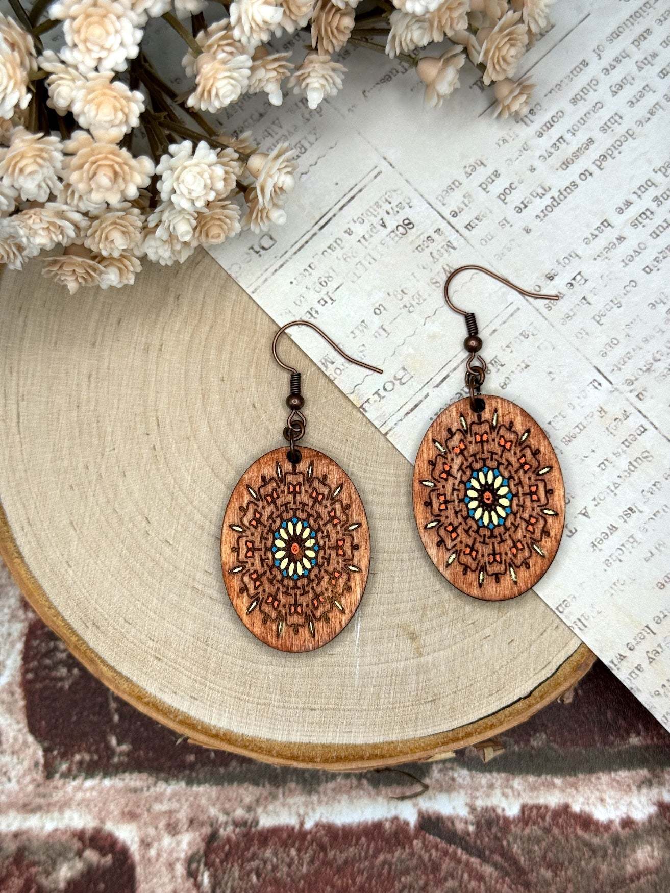 Wooden Earrings | Oval Mandala Wooden Earrings | Sophia Renee Designs