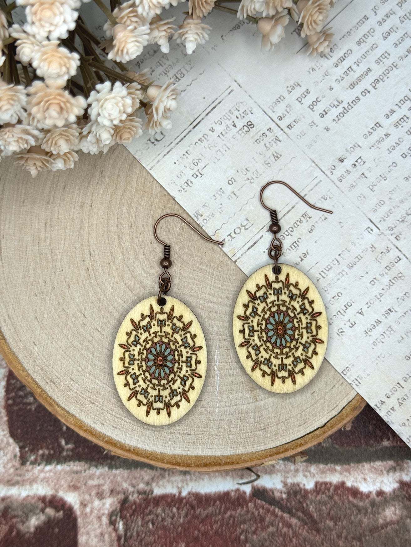 Wooden Earrings | Oval Mandala Wooden Earrings | Sophia Renee Designs