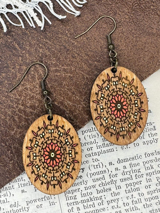 Oval Mandala Wooden Earrings