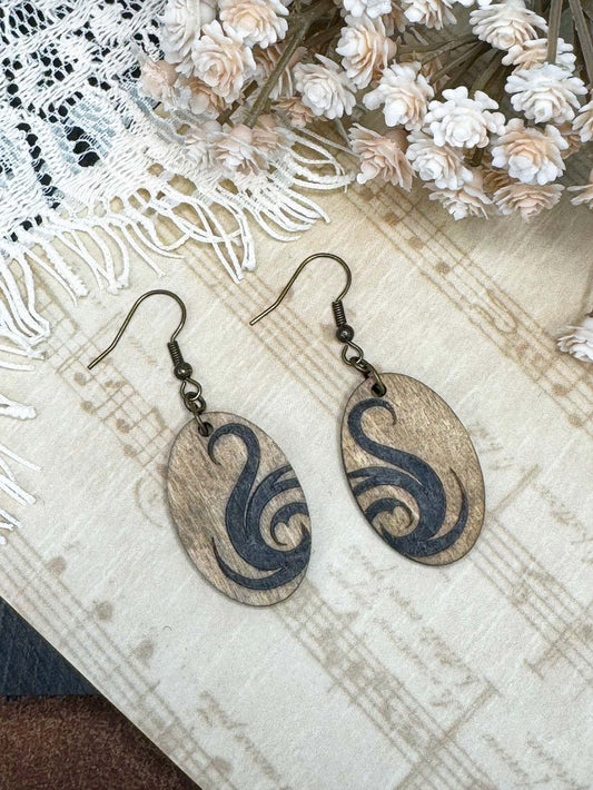 Oval Tribal Tattoo Wooden Earrings