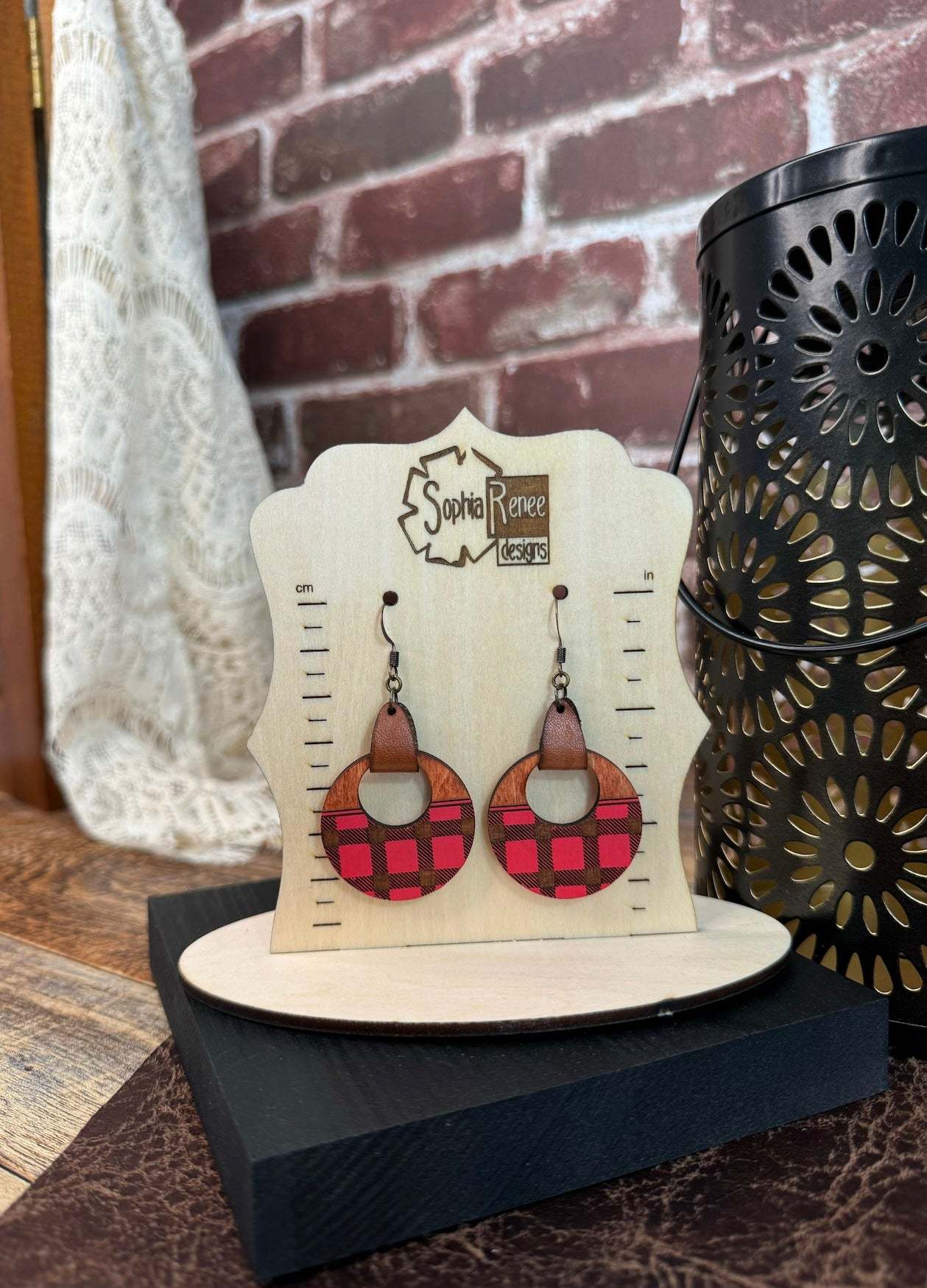 Plaid Circular Wooden Earrings