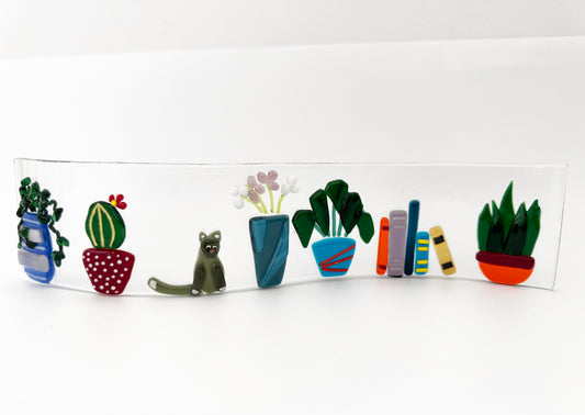 Plant Bookshelf with Cat Tabletop Fused Glass Decor
