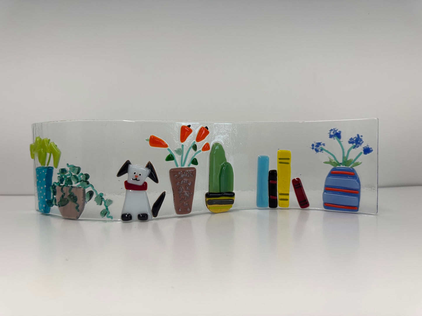 Plant Bookshelf with Dog Tabletop Fused Glass Decor
