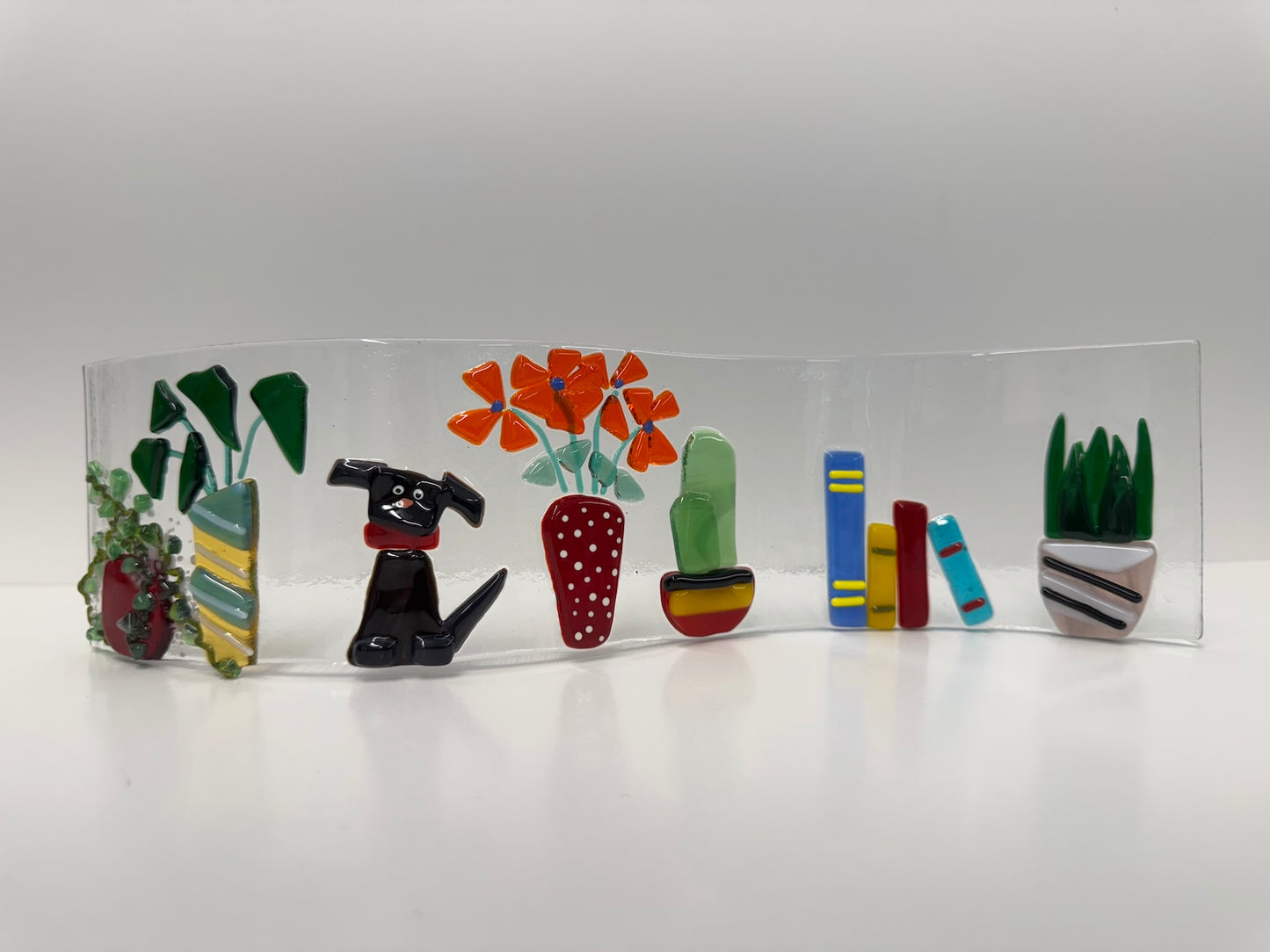 Plant Bookshelf with Dog Tabletop Fused Glass Decor