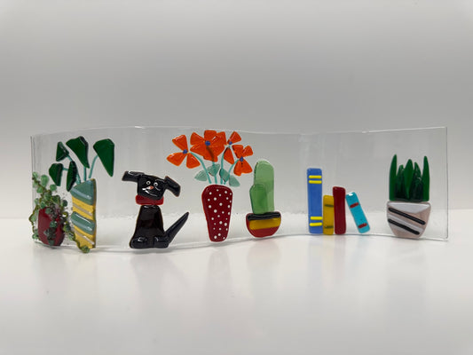 Plant Bookshelf with Dog Tabletop Fused Glass Decor