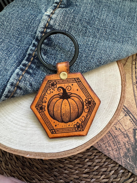 Pumpkin Hexagon Leather Keychain