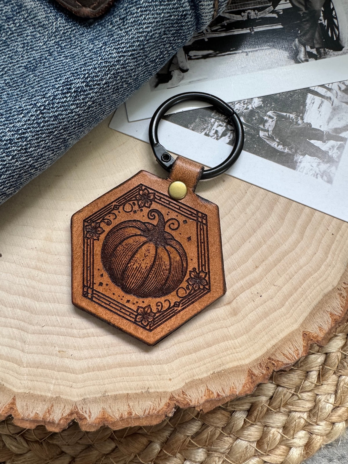 Pumpkin Hexagon Leather Keychain