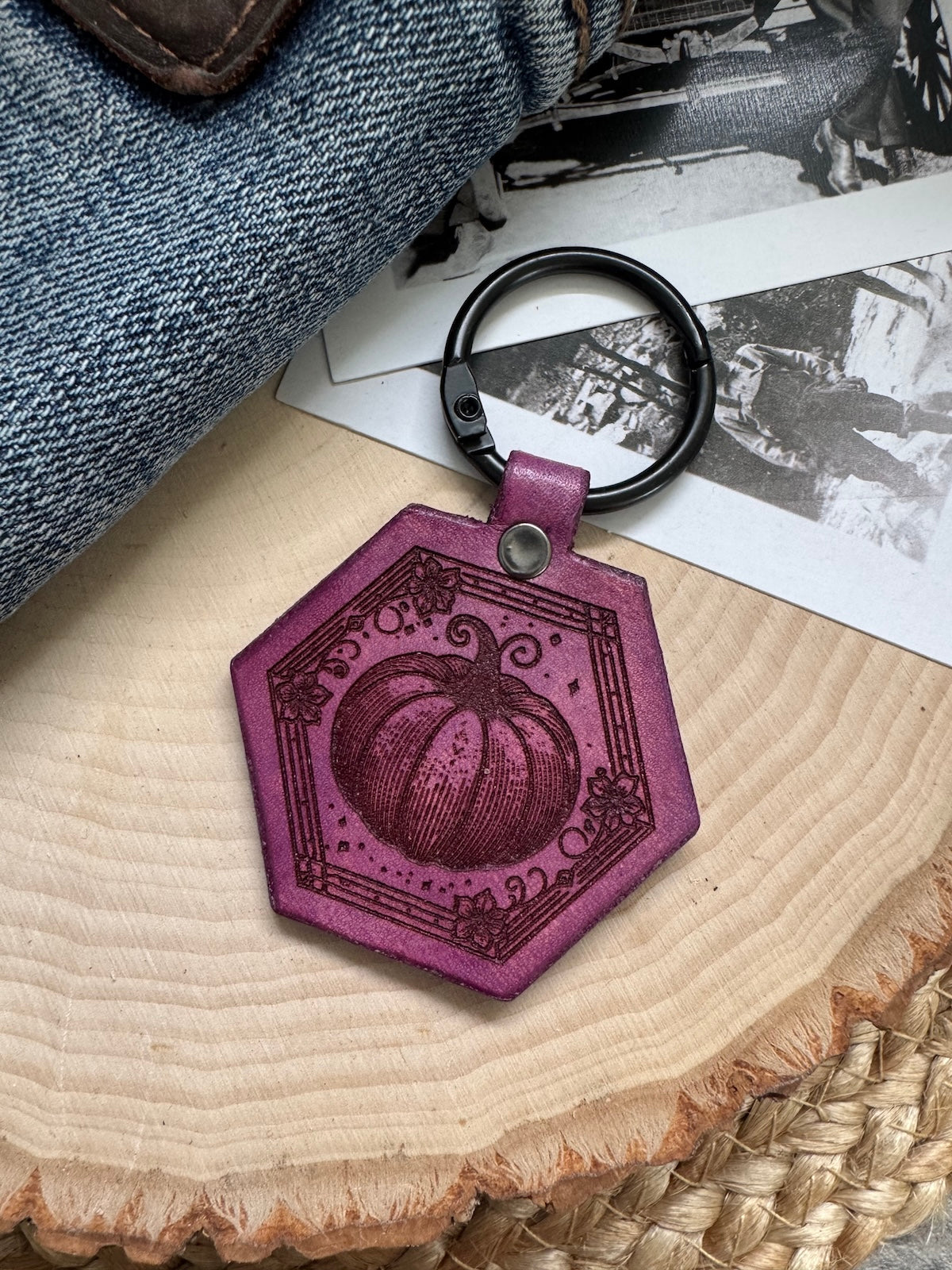 Pumpkin Hexagon Leather Keychain