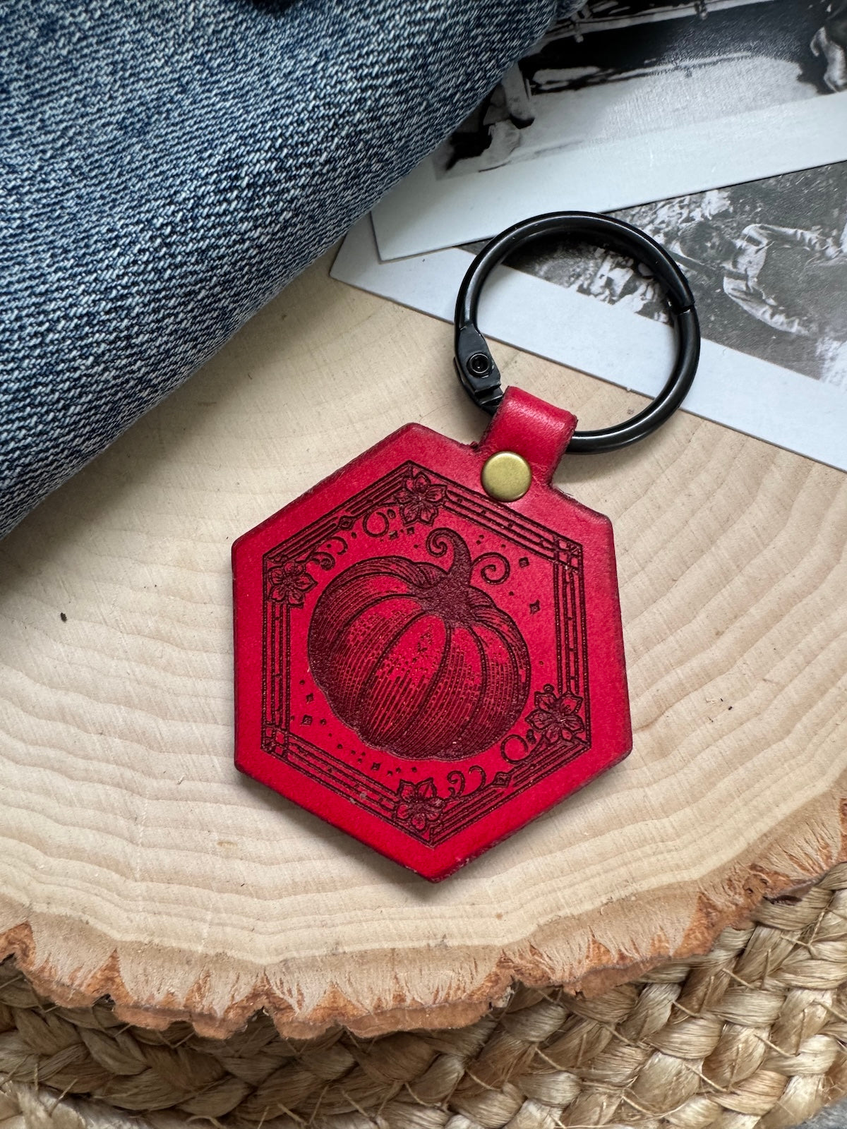 Pumpkin Hexagon Leather Keychain