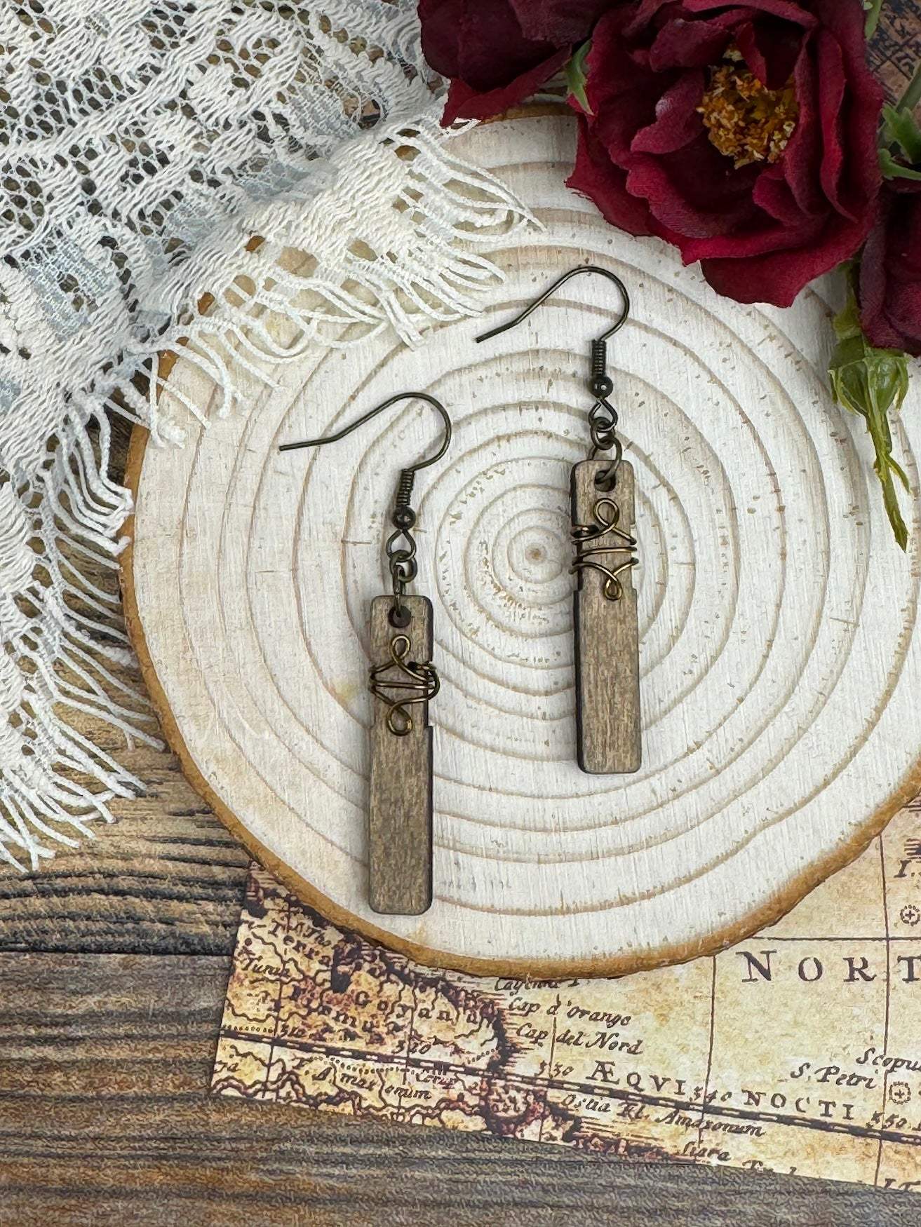 Rectangular Wire Wrap Wooden Earrings