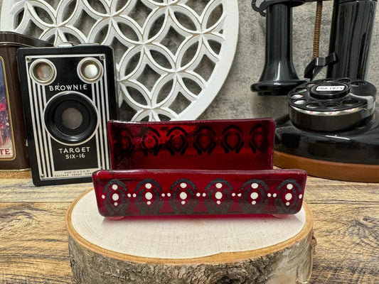 Ruby Art Deco Business Card Holder- Fused Glass in Red, Black, & White