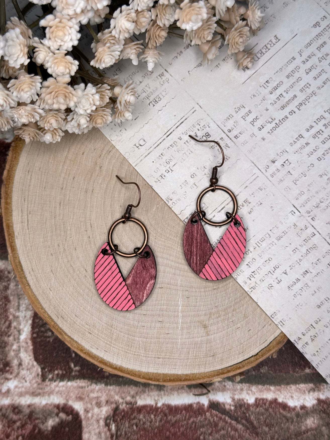 Split Stripe Oval Wooden Earrings