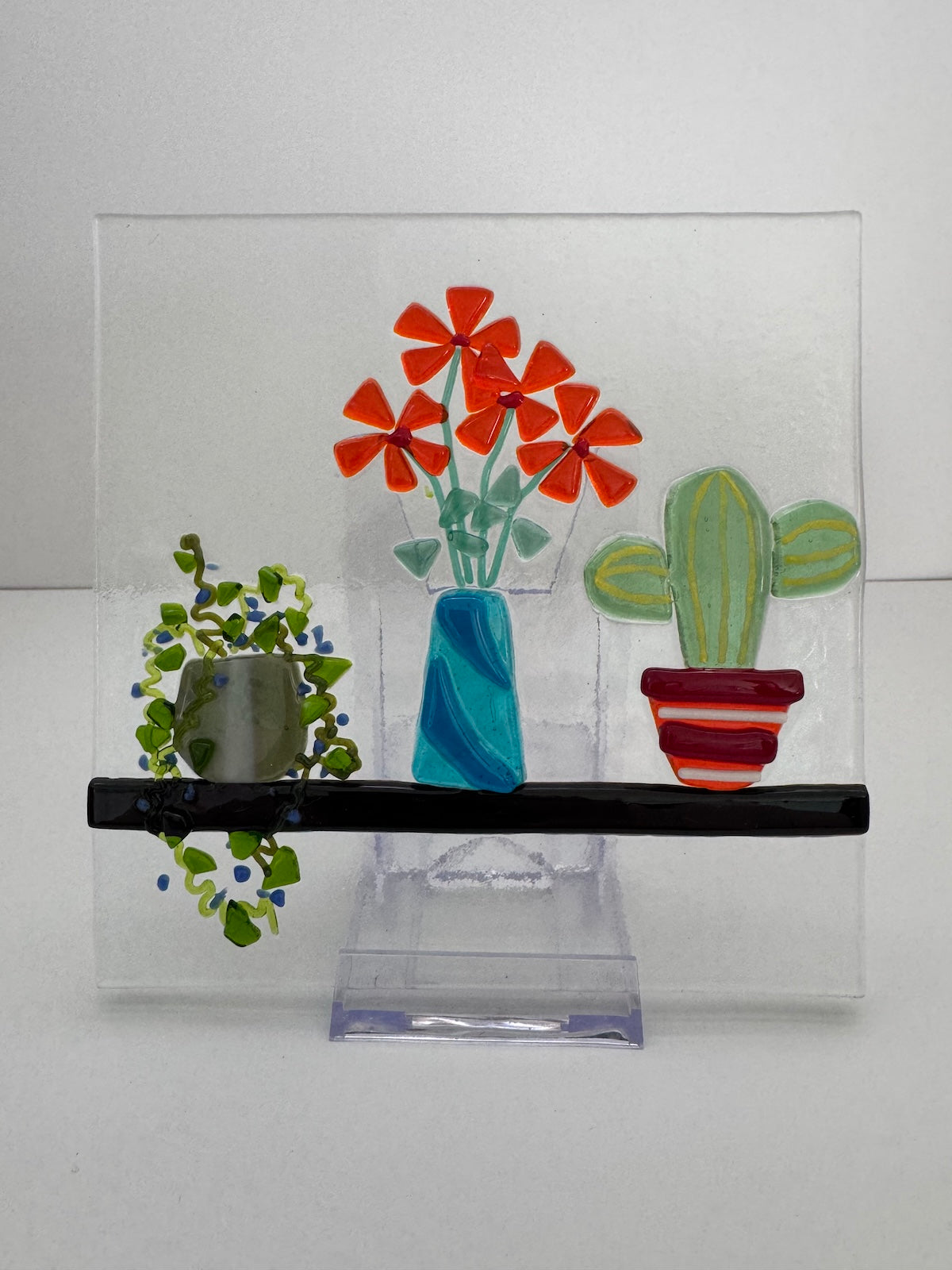 Fused Glass Shelf Garden Sun Catcher – 6x6" Handmade Wall Art