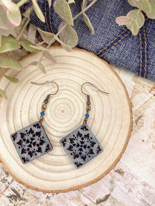 Symmetrical Square Floral Wooden Earrings