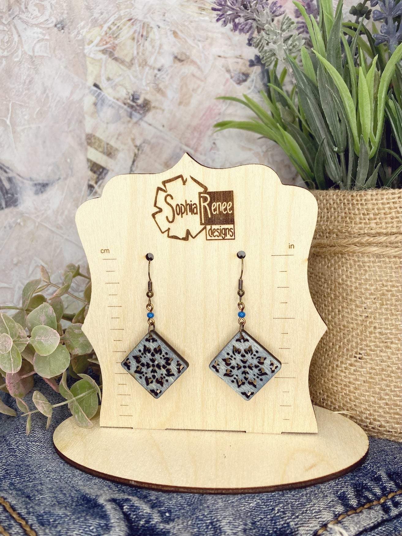 Wooden Earrings  |  Symmetrical Square Floral Wooden Earrings  | Light