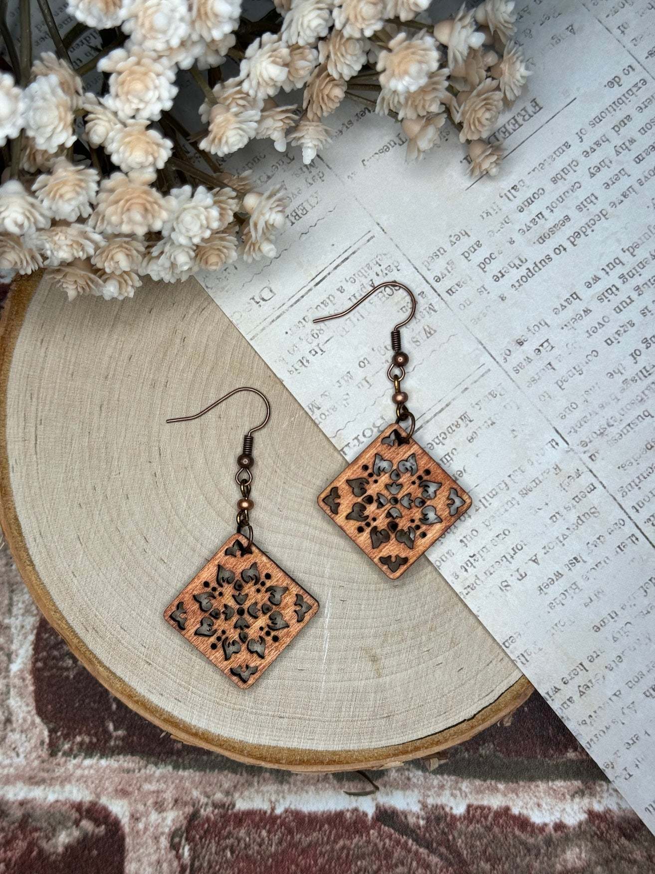 Wooden Earrings  |  Symmetrical Square Floral Wooden Earrings  | Light