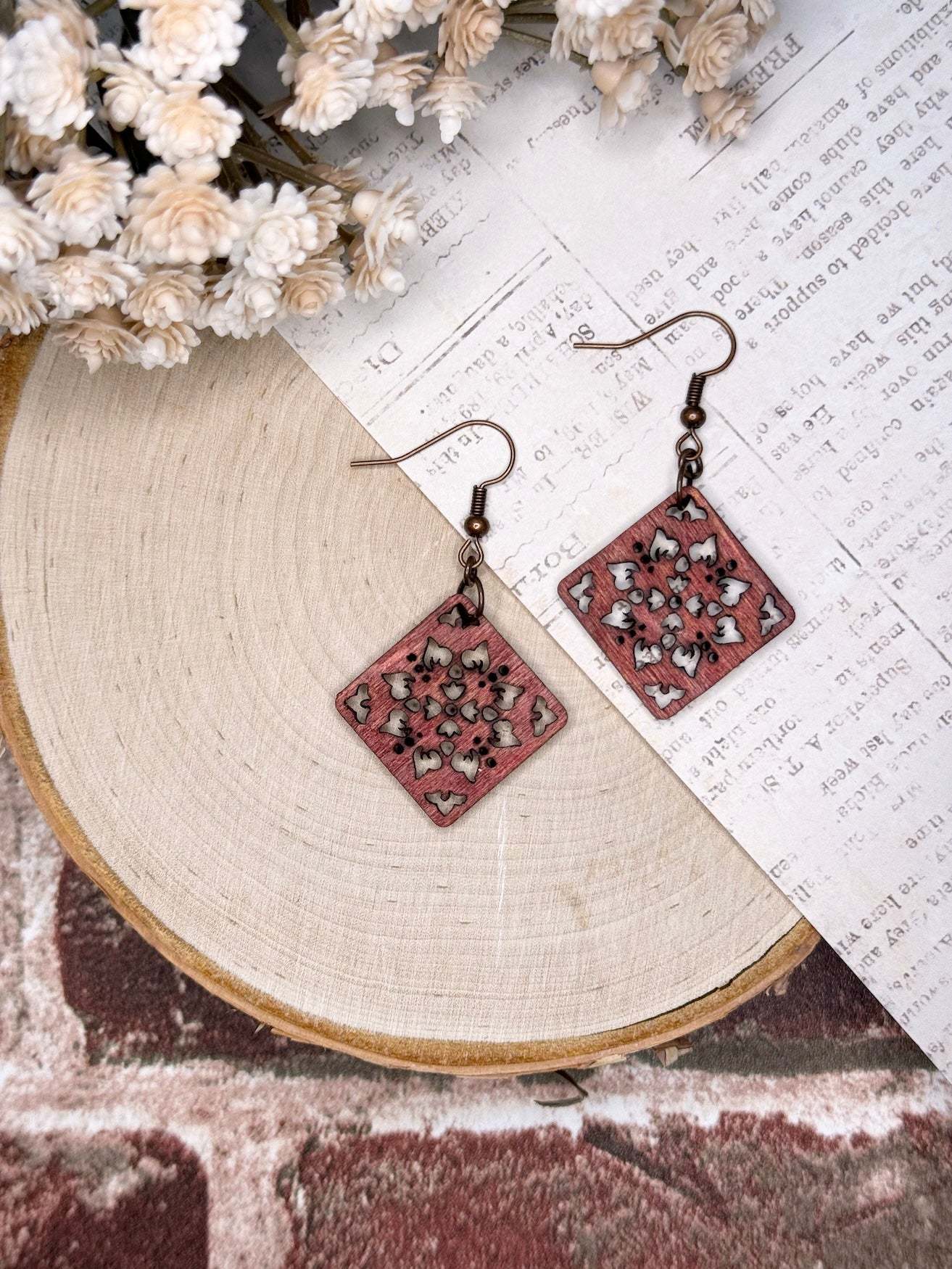 Wooden Earrings  |  Symmetrical Square Floral Wooden Earrings  | Light