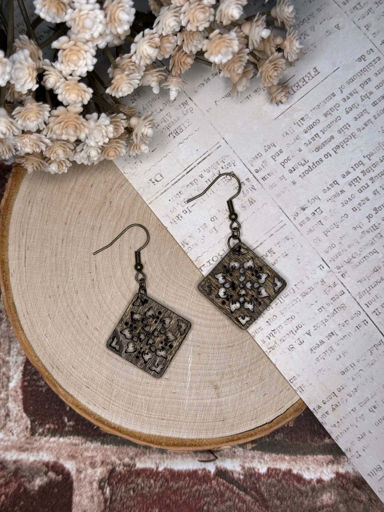 Wooden Earrings  |  Symmetrical Square Floral Wooden Earrings  | Light