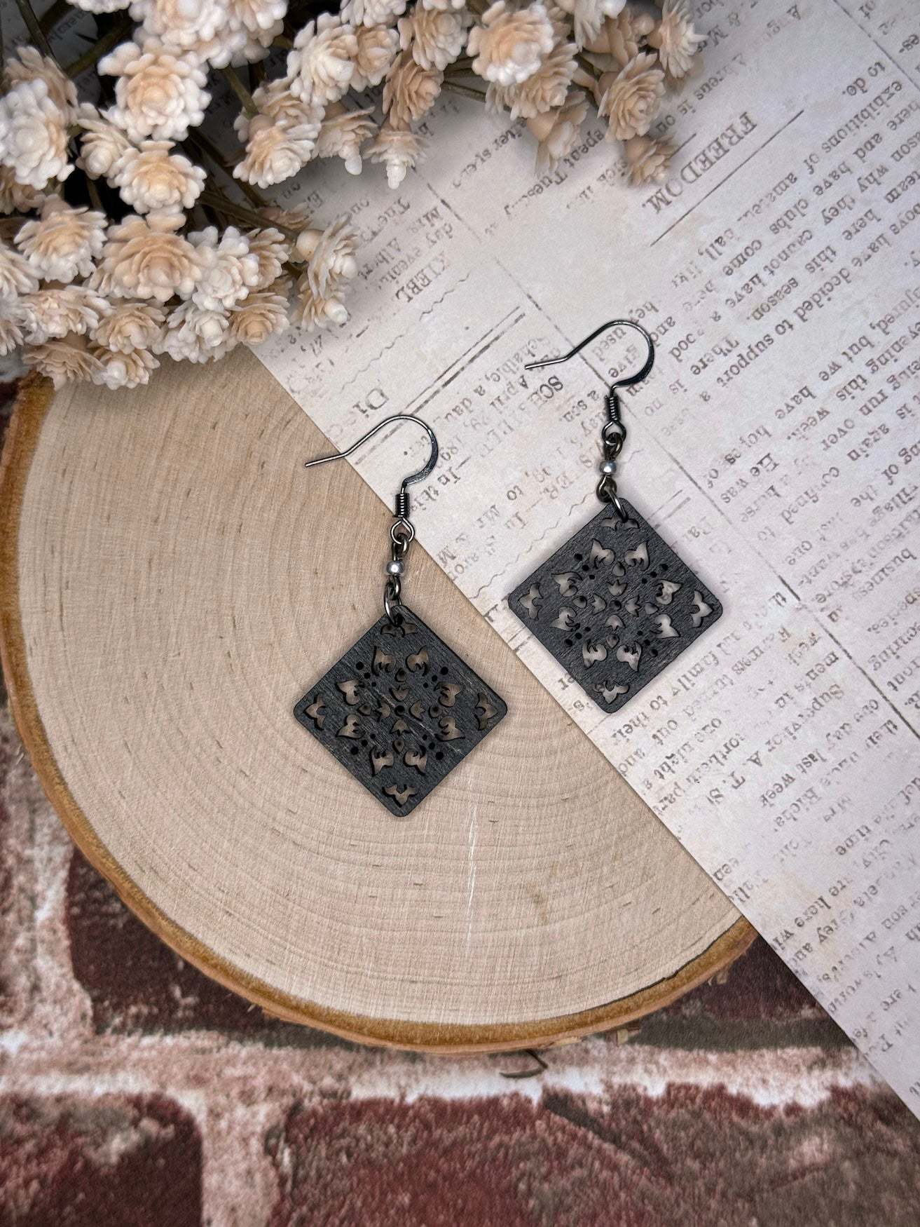 Wooden Earrings  |  Symmetrical Square Floral Wooden Earrings  | Light