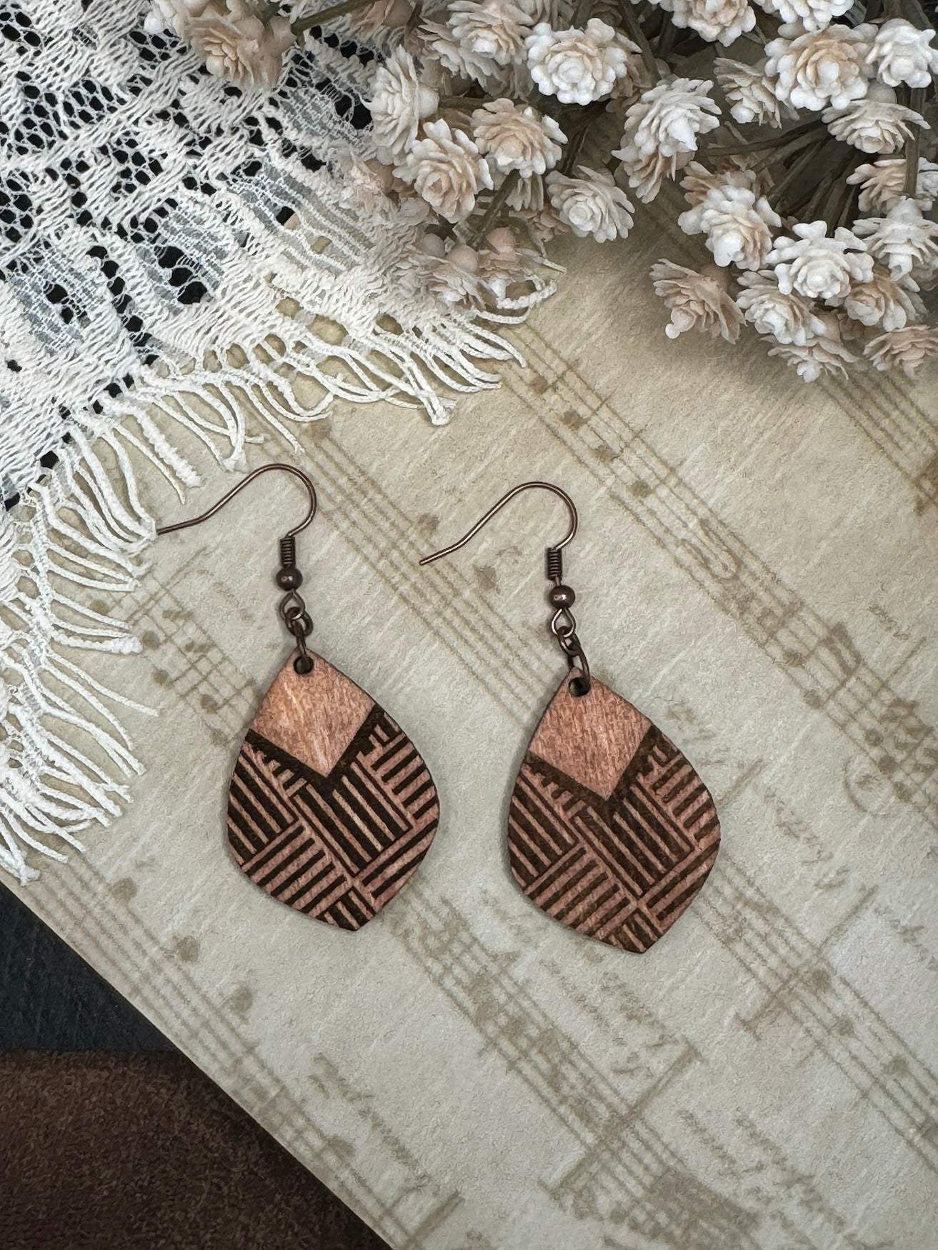 Pointed Teardrop Tile Wooden Earrings