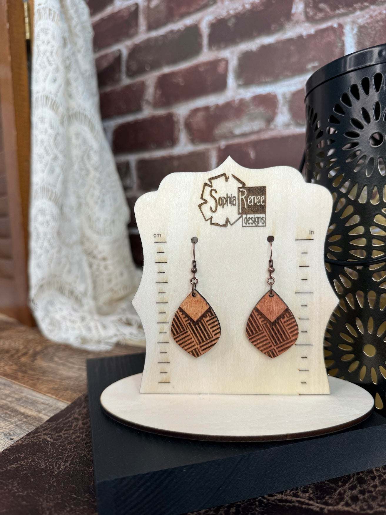 Pointed Teardrop Tile Wooden Earrings